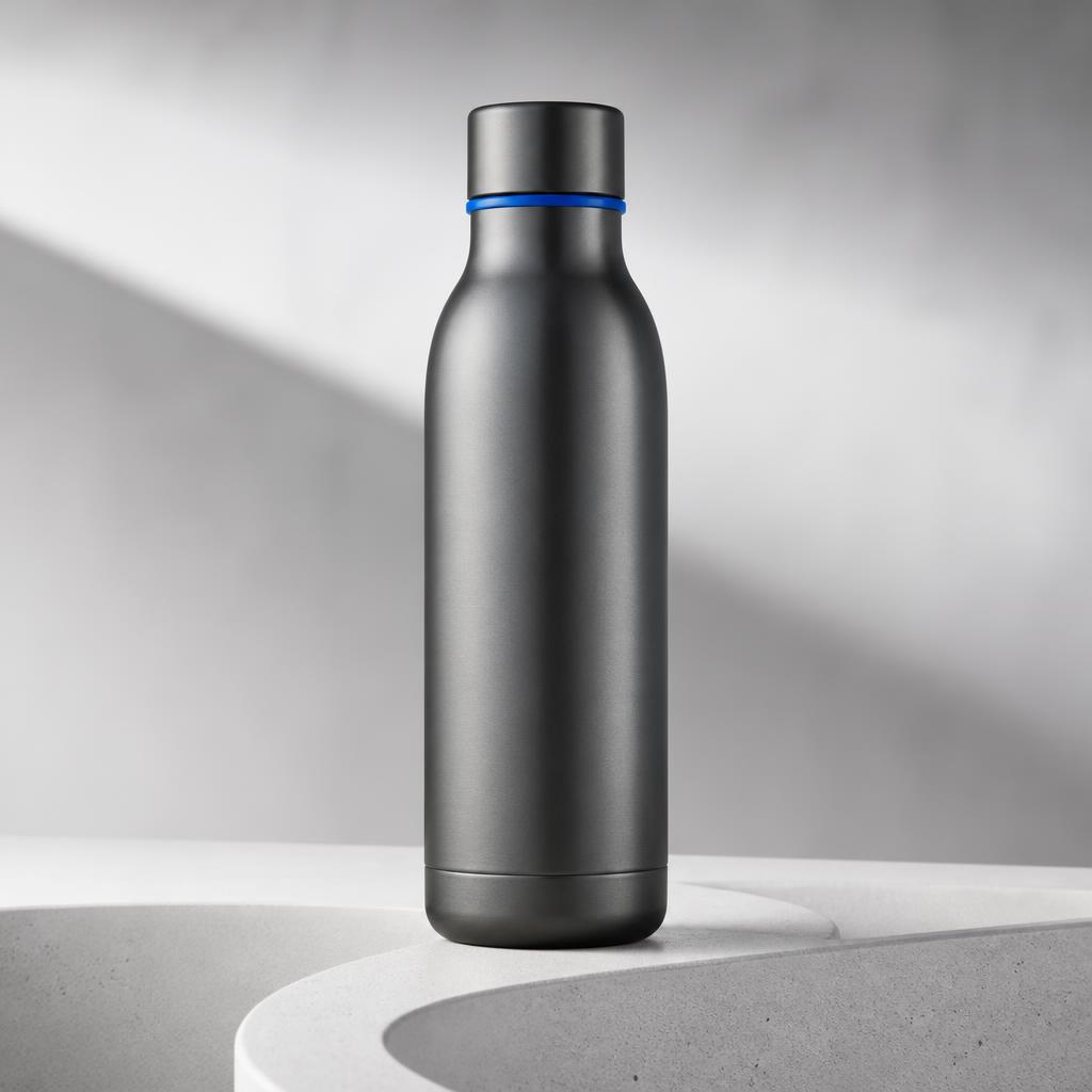 Matte gunmetal bottle with a cobalt band
